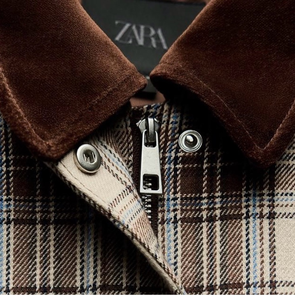 Zara Plaid Bomber Jacket in Brown and Cream with Corduroy Collar - Picture 3 of 5
